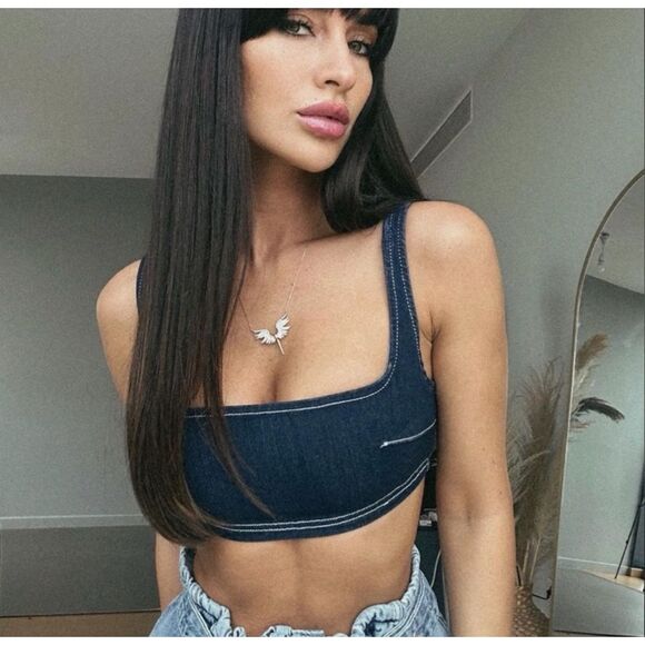 NWT Zara Denim Bralette Large Dark Blue Stretch Bra Crop Tank Top Womens L NEW - Picture 12 of 12